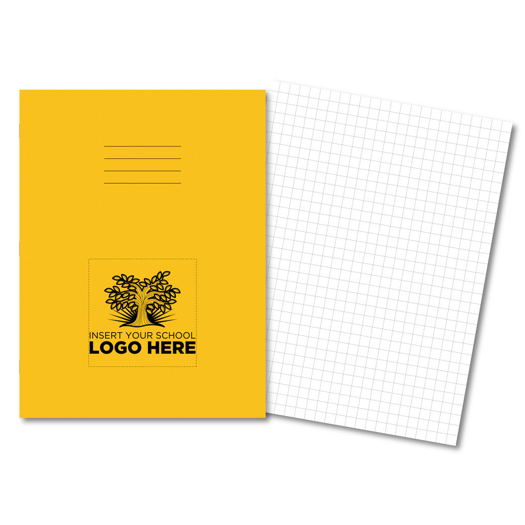 A yellow notebook cover with a black placeholder logo and text reading 'INSERT YOUR SCHOOL LOGO HERE,' shown next to a white graph paper sheet on a light gray background.