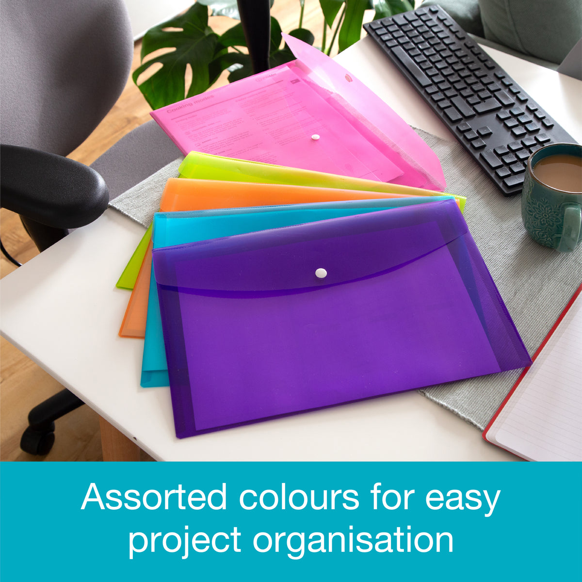 A4 Coloured Plastic Snap Wallets - Pack of 5