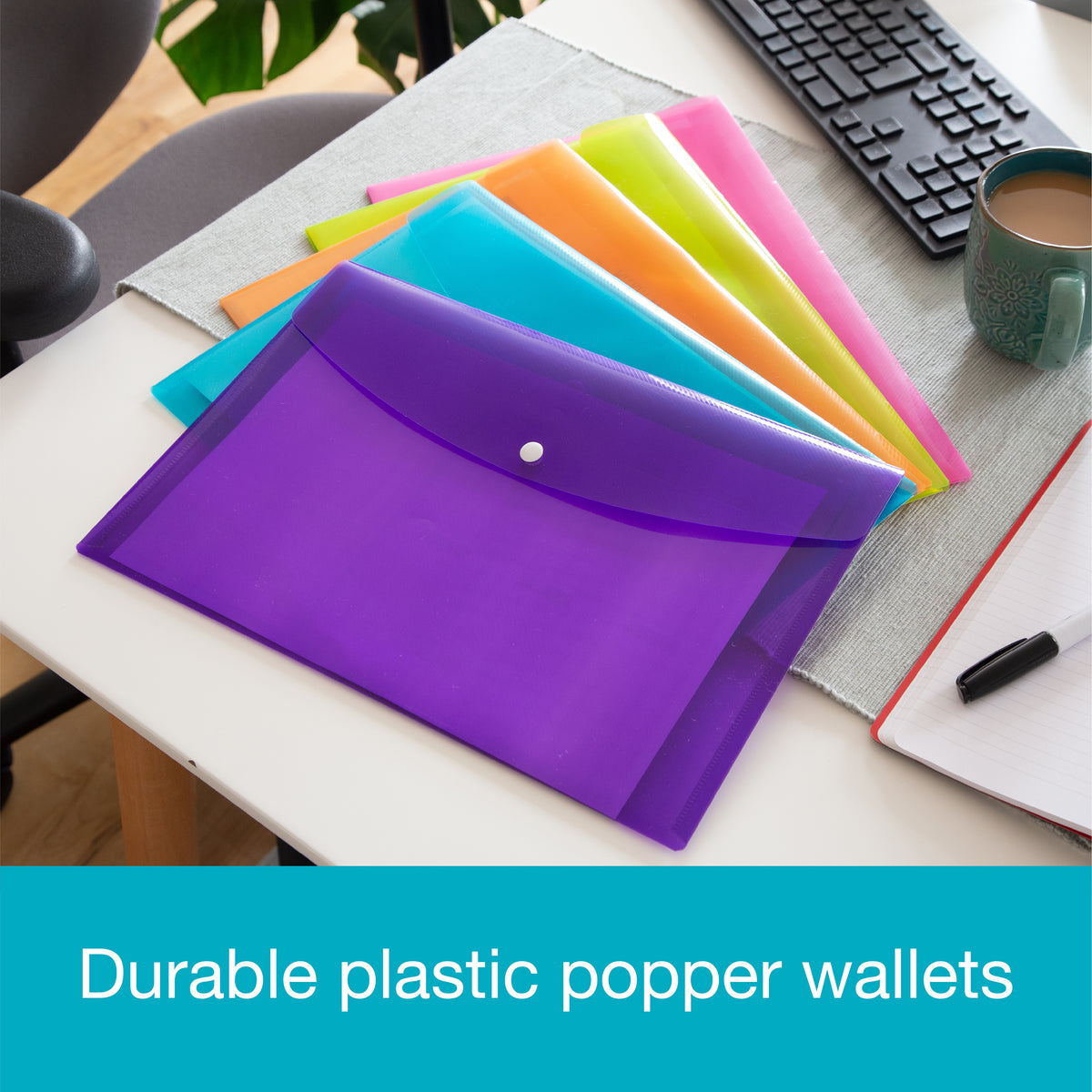 A4 Coloured Plastic Snap Wallets - Pack of 5