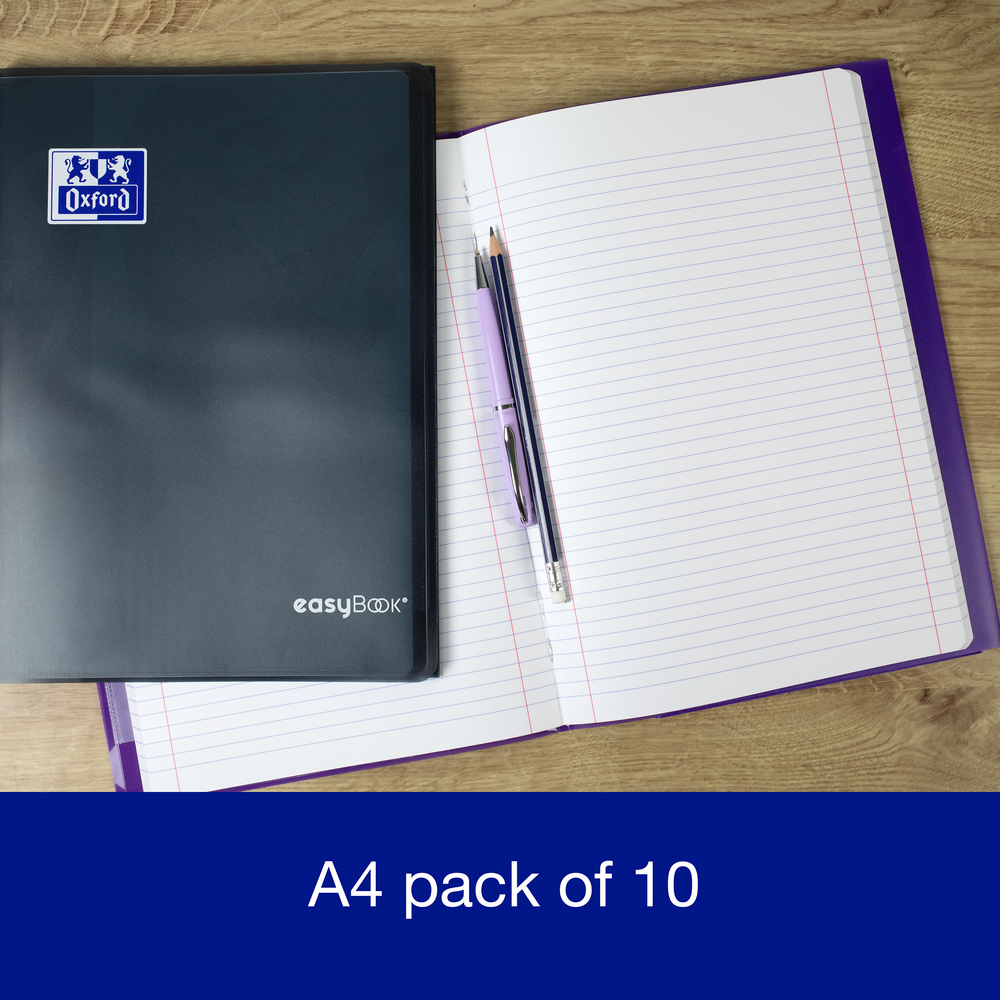 Oxford easyBook® A4 Bright PP Exercise Books, 7mm Ruled with Double Margin, 96 Pages - Pack of 10
